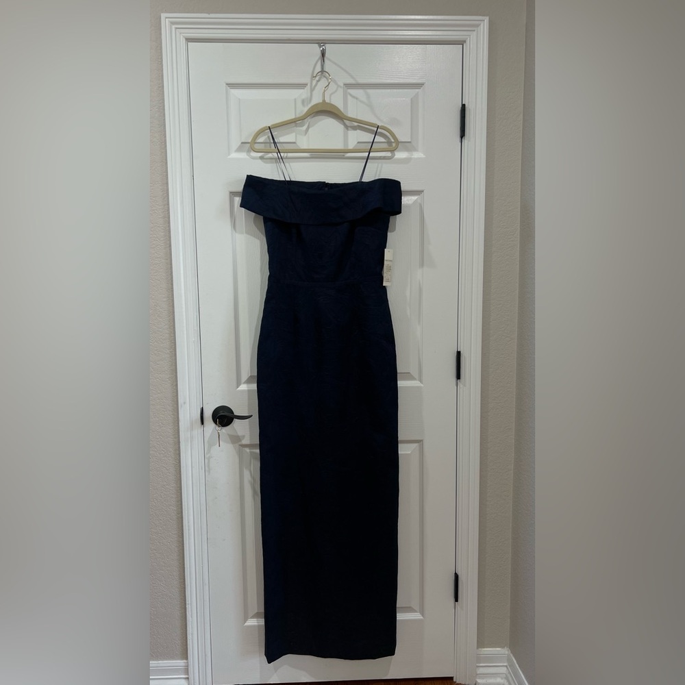 Teri Jon Navy Strapless Fold-Over Column Gown